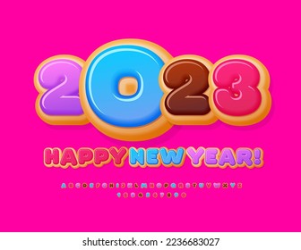 Vector tasty Greeting Card Happy New Year 2023! Colorful cake Font. Delicious Alphabet Letters and Numbers set