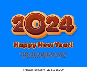 Vector tasty Greeting Card Happy New Year 2024! Chocolate glazed Font. Creative Alphabet Letters and Numbers set