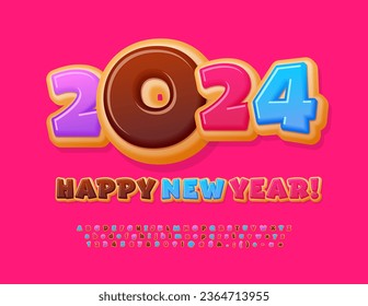 Vector tasty Greeting Card Happy New Year 2024! Colorful Cake Font. Artistic Alphabet Letters and Numbers set