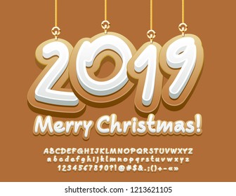 Vector tasty Greeting Card Merry Christmas 2019. Ginger cookie style Alphabet Letters, Numbers and Symbols. Handwritten Font.