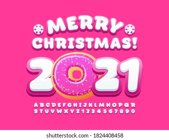 Vector tasty greeting card Merry Christmas 2021! Pink and White creative Font. Cute Alphabet Letters and Numbers set