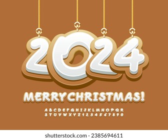 Vector tasty Greeting Card Merry Christmas with ginger cookies 2024! Funny sweet Font. Gingerbread Alphabet Letters and Numbers set