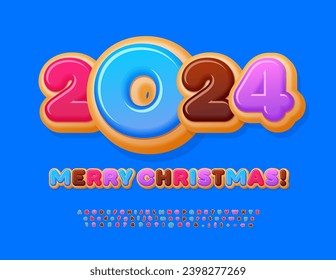 Vector tasty Greeting Card Merry Christmas 2024! Sweet dessert Font. Colorful cake set of Alphabet Letetrs and Numbers
