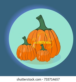Vector tasty and healthy vegetable pumpkin. Vector element for design of menu, posters and cards to the Day of Thanksgiving and Halloween, stickers. Cute frame