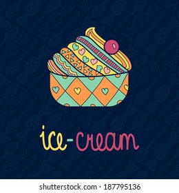 Vector tasty isolated ice cream with seamless background pattern of candy and spoon