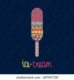 Vector tasty isolated ice cream with seamless background pattern of candy and spoon