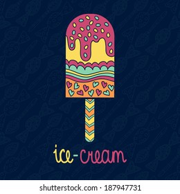 Vector tasty isolated ice cream with seamless background pattern of candy and spoon