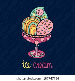 Vector tasty isolated ice cream with seamless background pattern of candy and spoon