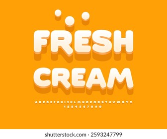 Vector Tasty label Fresh Cream. Creative White 3D Font. Modern Alphabet Letters and Numbers set.