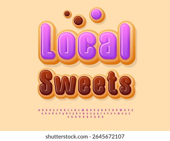 Vector Tasty label Local Sweets. Delicious Cake Font. Creative Donut Alphabet Letters and Numbers set.