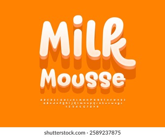 Vector Tasty label Milk Mousse. Cute Handwritten 3D Font. Artistic White  Alphabet Letters and Numbers set.