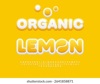 Vector Tasty label Organic Lemon. Creative White and Yellow Font. Classic Alphabet Letters and Numbers set