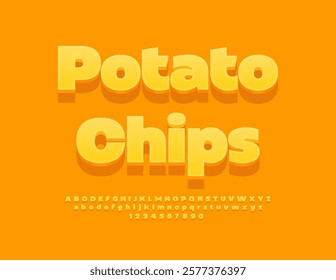 Vector Tasty label Potato Ships. 3D Bold Yellow Font. Modern set of Alphabet Letters and Numbers.