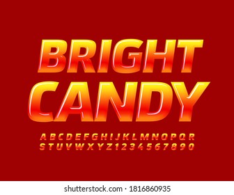 Vector tasty logo Bright Candy. Red and Yellow Glossy Font. Creative Alphabet Letters and Numbers set
