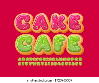 Vector tasty logo Cake Cafe with Donut Alphabet Letters and Numbers. Green Glazed Font with Sprinkles