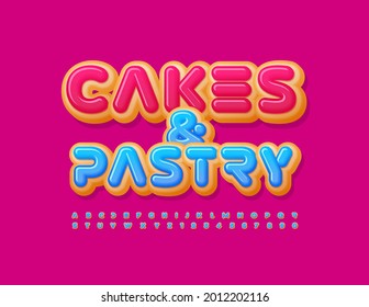 Logotipo vectorial pasteles y pasteles. Delicioso Donut Font. Juego de letras y números de alfabeto con acristalamiento azul
