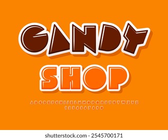 Vector tasty logo Candy Shop. Orange Glossy Font. Sweet Alphabet Letters and Numbers set.