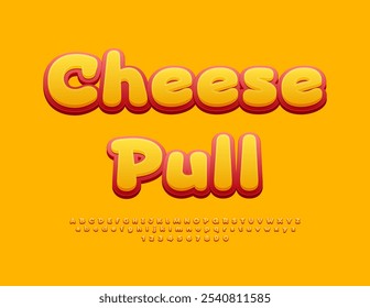 Vector sabroso logo Cheese Pull. Fuente creativa amarilla y roja. Conjunto de letras y números de alfabeto brillante.