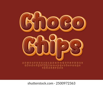 Vector tasty logo Choco Chips with delicious Font. Tasty set of Alphabet Letters and Numbers set