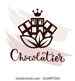 Vector tasty logo with chocolate bar. Chocolate with your own hands. Emblem for chocolatier, confectioner. Bean to bar chocolate.