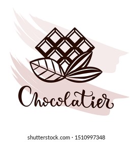 Vector tasty logo with chocolate bar. Chocolate with your own hands. Emblem for chocolatier, confectioner. Chocolate bar in the shape of a heart. Bean to bar chocolate.