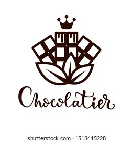 Vector tasty logo with chocolate bar. Chocolate with your own hands. Emblem for chocolatier, confectioner. Bean to bar chocolate.