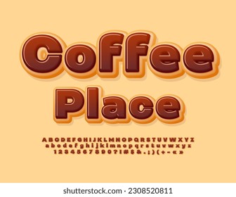 Vector tasty logo Coffee Place. Chocolate glazed Font. Sweet Cake Alphabet Letters and Numbers set