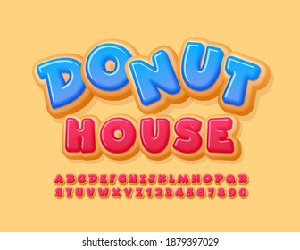 Vector tasty logo Donut House. Funny sweet Font. Delicious set of Alphabet Letters and Numbers