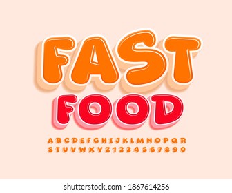 Vector tasty logo Fast Food with bright 3D Font. Orange funny Alphabet Letters and Numbers set