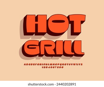 Vector tasty logo Hot Grill. Bright Cool 3D Font. Creative set of Alphabet Letters and Numbers.
