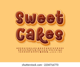 Vector tasty logo Sweet Cakes. Choco Dessert Font. Creative Alphabet Letters and Numbers set