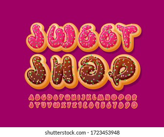 Vector tasty logo Sweet Shop. Pink glazed Font with Star Sprinkles. Donut Alphabet Letters and Numbers.