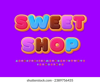 Logotipo vectorial, Sweet Shop. Tipo de letra sin estilo. Pastel colorido Alfabeto Cartas y números establecidos