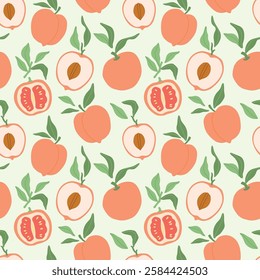 Vector tasty peaches and oranges, leaves and slices illustration seamless pattern. Modern hand drawn orange fruits clip art wallpaper for books, stationery, banners and social media