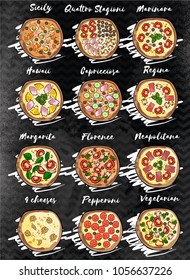 Vector tasty pizza set on black background
