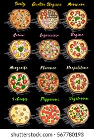 Vector tasty pizza set on white background