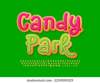 Afiche vectorial delicioso Candy Park. Divertido Donut Font. Letras y números de alfabeto creativos