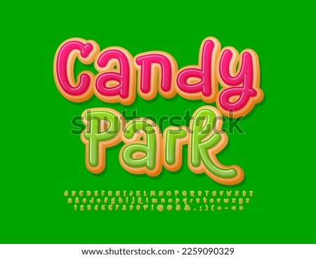 Vector tasty poster Candy Park. Funny Donut Font. Creative Alphabet Letters and Numbers set