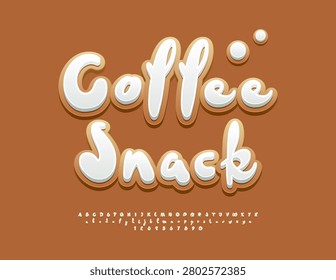 Vector Tasty poster Coffee Snack. Funny White Glazed Font. Gingerbread style Alphabet Letters and Numbers set.