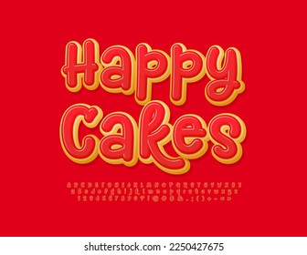 Vector tasty poster Happy Cakes. Playful Red Font. Creative Donut Alphabet Letters and Numbers set