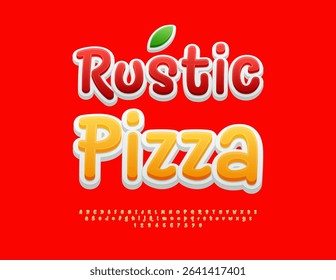 Vector Tasty poster Rustic Pizza. Funny Creative Font. Unique Yellow Alphabet Letters and Number set.