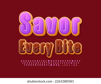 Sabroso vector de pósters Savor Every Bite. Dulce Donut Font. Letras, números y símbolos de alfabeto creativos