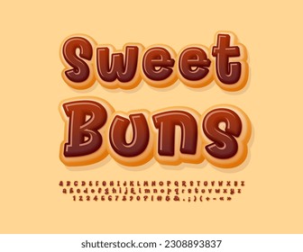 Vector tasty poster Sweet Buns. Chocolate glazed Font. Funny Sweet Alphabet Letters and Numbers set
