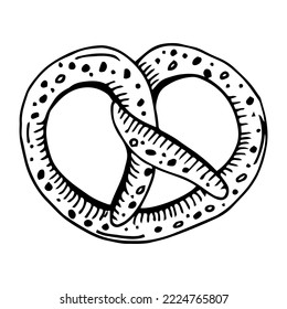 Vector tasty pretzel illustration.Brezel sketch drawing, engraving, ink, line art.German food.Can be used for menu, cafe, restaurant, poster, banner, emblem, sticker, placard and other design.