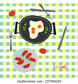 Vector tasty scrambled eggs. Illustration - top view.