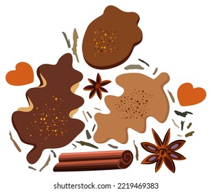 El vector está bien decorado con galletas, canela, hojas secas y corazones. Aislado sobre fondo blanco.