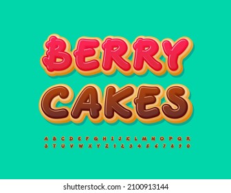 Vector tasty sign Berry Cakes. Choco glaze Font. Sweet set of handwritten Alphabet Letters and Numbers