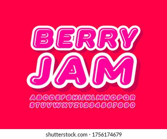 Vector tasty sign Berry Jam with Pink glossy Font. Modern Alphabet Letters and Numbers