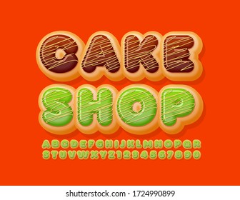 Vector tasty sign Cake Shop with Green Glazed Font. Donut delicious Alphabet Letters and Numbers