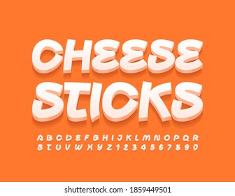 Vector tasty sign Cheese Sticks. White creative Font. Handwritten 3D Alphabet Letters and Numbers set